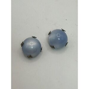 Vintage Blue Glass Ball Clip On Earrings Large Round Bead Silver Tone Caps